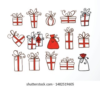 Set doodle sketch gift boxes and red ribbond white background
