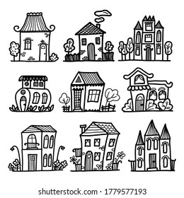 Set doodle sketch hand drawn houses in vintage style. Contour coloring page for children. Isolated over white background. Vector illustration