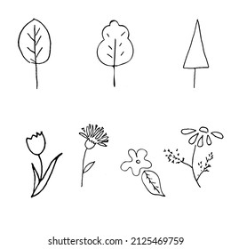 Juego de boceto Doodle dibujado a mano en flores y árboles, contorno negro sobre un fondo blanco. Ilustración vectorial para la boda o el diseño infantil, tarjeta de saludo.
