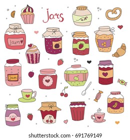 Set of doodle sketch hand drawn jars with jams, cupcakes, cups and design elements. Cute hand drawn illustration