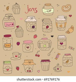 Set of doodle sketch hand drawn jars with jams, cupcakes, cups and design elements. Cute hand drawn illustration