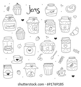 Set of doodle sketch hand drawn jars with jams, cupcakes, cups and design elements. Cute hand drawn illustration