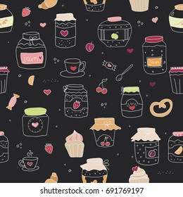 Set of doodle sketch hand drawn jars with jams, cupcakes, cups and berries. Cute hand drawn illustration.Seamless vector pattern on black chalkboard background with cute jam jars