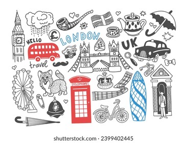 Set of doodle sketch illustration about London, British elements symbols vector
