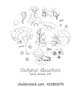 Set of doodle sketch Natural disasters earthquake tsunami volcanic tornado and other cataclysm. Isolated vector illustration