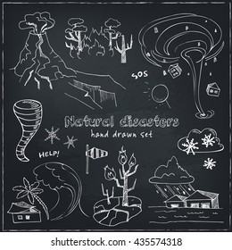 Set of doodle sketch Natural disasters earthquake tsunami volcanic tornado and other cataclysm. Isolated vector illustration