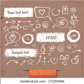 Set of doodle sketch objects on brown paper. Banners, speech bubbles, icons. Vector illustration. 
