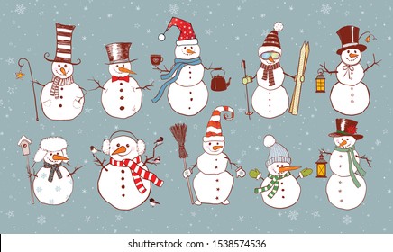 Set of doodle sketch snowmen on blue background with snowflakes.