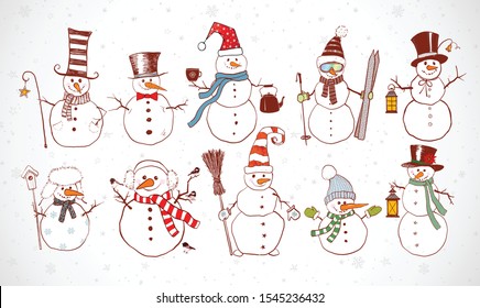 Set of doodle sketch snowmen on white winter background with snowflakes.