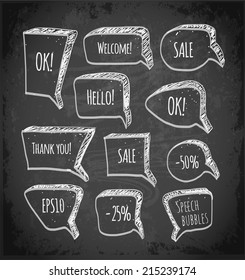 Set of doodle sketch speech bubbles on blackboard. Vector illustration. 