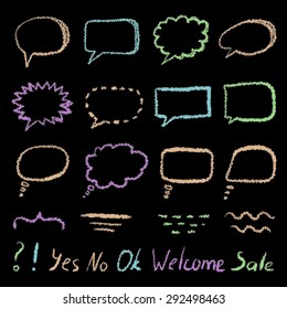 Set of doodle sketch speech bubbles on blackboard hand-drawn with color chalks. Vector illustration.