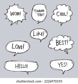 Set von Doodle Sketch Stil der handgezeichnet Sprache Blasen mit Dialog Wörter Vektorgrafik für Konzept-Design.