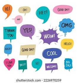 set of Doodle sketch style of Hand drawn speech bubbles with dialog words vector illustration for concept design.