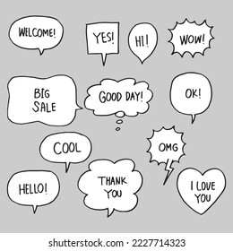 set of Doodle sketch style of Hand drawn speech bubbles with dialog words vector illustration for concept design.
