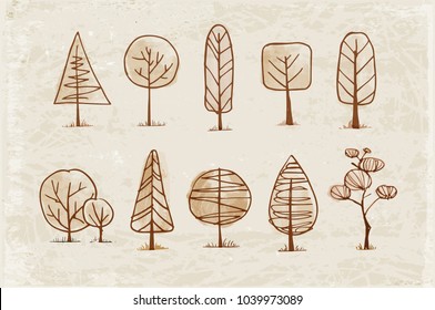 Set of doodle sketch trees on vintage background. Vector illustration