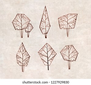 Set of doodle sketch trees on vintage background.