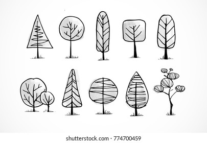 Set of doodle sketch trees on white background