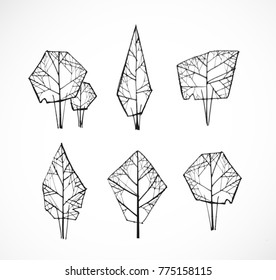 Set of doodle sketch trees on white background