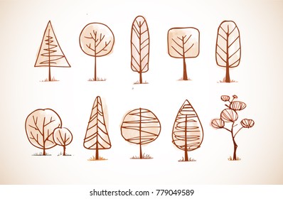 Set of doodle sketch trees in vintage style.