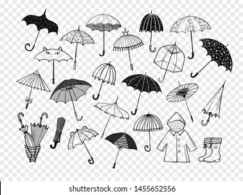 Set of doodle sketch umbrellas.