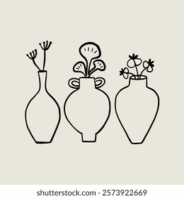 Set Doodle Sketch Vase with Flower and Plant. Whimsical Black Line Collection Different Pottery Clay Pot. Vector Hand Drawn Illustration