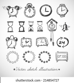 Set of doodle sketch watches. Alarm clocks, sand glasses, stop-watch and other symbols of time. Hand-drawn with ink. Vector illustration.