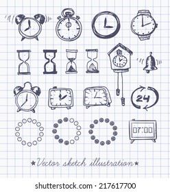 Set of doodle sketch watches. Alarm clocks, sand glasses, stop-watch and other symbols of time. Hand-drawn with ink. Vector illustration.