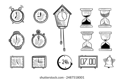 Conjunto de relojes de boceto de garabatos. Despertadores, gafas de arena, cronómetros y otros símbolos del tiempo. Dibujado a mano con tinta. Ilustración vectorial.