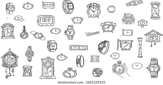 Set of doodle sketch watches. Alarm clocks, sand glasses, stop-watch and timer. 