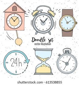 Set of doodle sketch watches. Alarm clocks, sand glasses, stop-watch and timer. Time icon in cartoon style. Vector illustration.