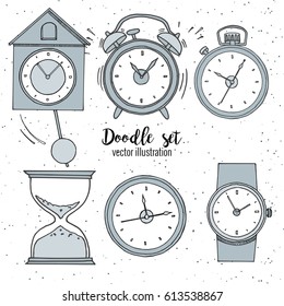 Set of doodle sketch watches. Alarm clocks, sand glasses, stop-watch and timer. Time icon in cartoon style. Vector illustration.