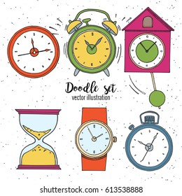 Set of doodle sketch watches. Alarm clocks, sand glasses, stop-watch and timer. Time icon in cartoon style. Vector illustration.