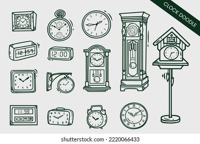 Set of doodle sketch watches. Doodle set of clock. Time icon in Hand-drawn style.
