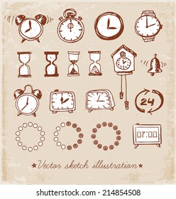 Set of doodle sketch watches in vintage style. Alarm clocks, sand glasses, stop-watch and other symbols of time. Hand-drawn with ink. Vector illustration.