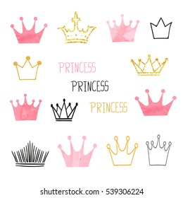 Set of doodle sketch watercolor crowns for your design. Vector illustration. 