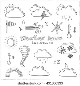 Set of doodle sketch weather icons. Isolated vector illustration