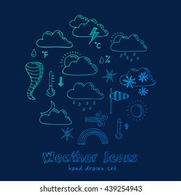 Set of doodle sketch weather icons. Isolated vector illustration