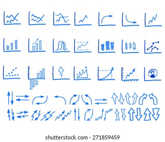 Set of doodle, sketched, hand drawn business management infographics elements, icons, arrows, charts. Isolated on white background. Vector illustration