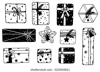 A set of doodle sketches of gifts in a festive Christmas package.Vector graphics.