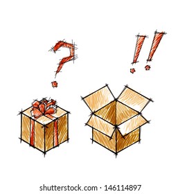 Set of doodle sketches of gifts and postboxes. Emotion concept. Eps10