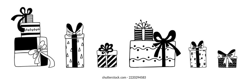 Set of doodle sketches of holiday gift boxes with bows and ribbons, vector graphics.