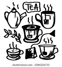 Set of doodle sketches of hot drinks tea cups with brush art