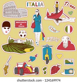 Set of the doodle sketches. Italy travel icons.