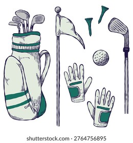 Set of Doodle Sketchy Golf Equipment. Golf Sport.