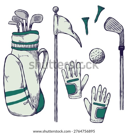 Set of Doodle Sketchy Golf Equipment. Golf Sport.