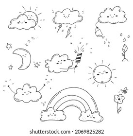 Set of doodle sky objects. Hand drawn cloud, sun, rainbow