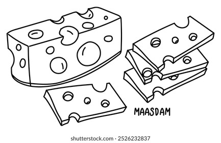 set of doodle sliced maasdam cheese in various shapes and groups. Vector illustration. Porous masdam in contour style. It is ideal for posters and banners, cafe menus and shops. different slicing