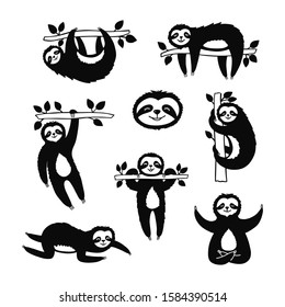 Set of doodle slothes for print design, poster, t-shirt. Cute cartoon characters. Sketch tropical animals. Hand drawn monochrome vector illustrations isolated on white background.