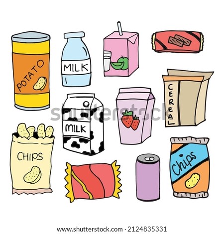 set of doodle snack icon. potato chips, chocolate bar, juice, milk, cereal, candy and soda can illustrations. hand drawn vector. doodle for logo, label, sticker, clipart, advertising. colorful menu.  