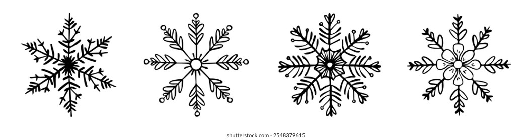 Satz von Schneeflocken-Designs mit einzigartigen Mustern von Zweigen, Punkten und Linien, die Winter und Feiertage darstellen.